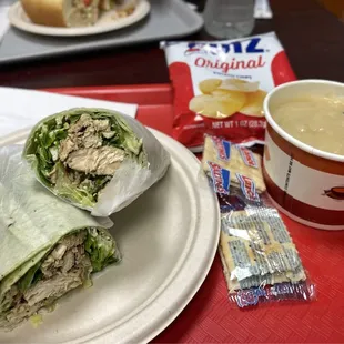 Grilled Chicken Caesar Wrap with Cream of Crab Soup and Utz Chips