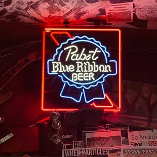 a blue ribbon beer sign