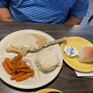 Chicken cutlet special w/glazed carrots, mash potatoes, and a roll