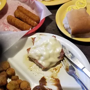 &quot;grilled chicken something&quot; (chicken cordon bleu to fancy people) and chicken fried steak dinners with cheese sticks.