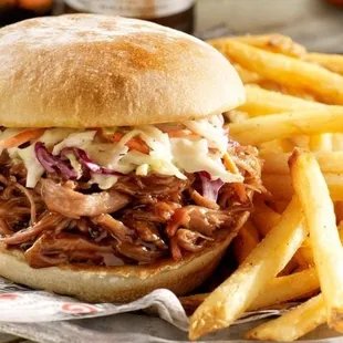 a pulled pork sandwich and french fries