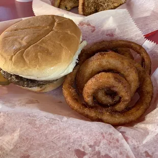 Kirby burger and onion rings.