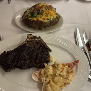 24oz Waygu Bone in NY Strip, 6oz Lobster Scampi &amp; Loaded baked potato