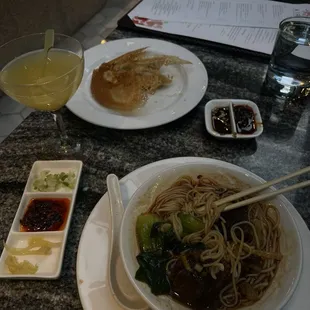 Chicken dumplings, and the Szechuan braised beef noodle soup.