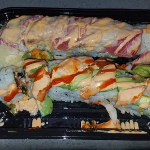 Tsunami Roll on bottom and Pacific Roll on top