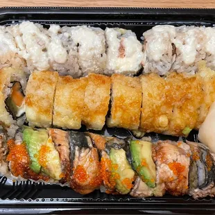 From top to bottom: Washington rolls, Tempura Seattle rolls, Dragon rolls.