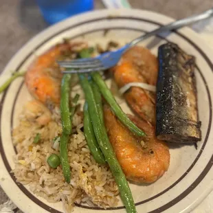 Shrimp Fried Rice grilled fish and string beans