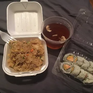 Hibachi rice, clear soup, and crunch roll
