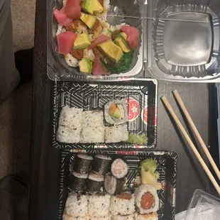 Christmas "roll", "alaska roll", yellowtail roll, spicy tuna roll