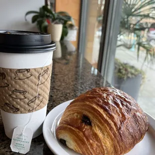 Lovely breakfast! Pain au chocolat and tea!