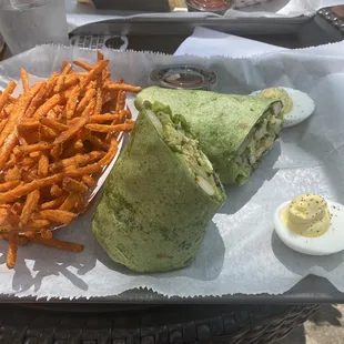 Chopped Chicken wrap with sweet potato fries