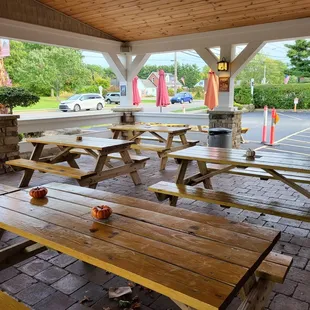 picnic tables and umbrellas
