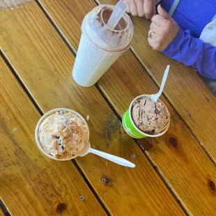 Two single scoop ice creams and a shake