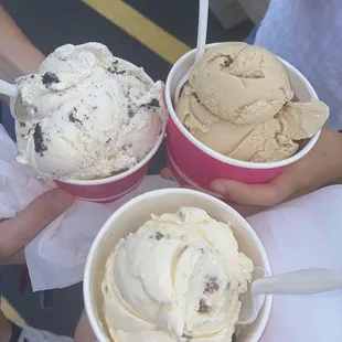 Cookies and cream, butter pecan, and columbian coffee