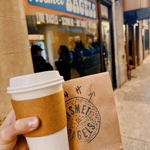 Coffee and bagel in hand!