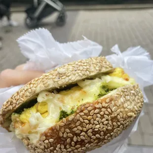 egg, cheese and zhug