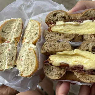 Jalapeño cheese bagel with veggie cream cheese The BEC (Bacon Egg &apos;n Cheese) on cinnamon raisin bagel