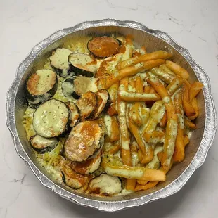 P17: Rice &amp; Fries Bowl with Zucchini and Jalapeño Sauce