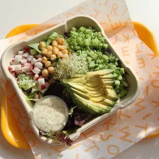 Our big green salad with miso poppy dressing