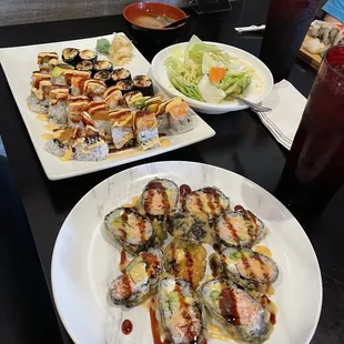 Miso Soup   Ginger   Deep Fried Sushi  (sorry I don't remember their names)