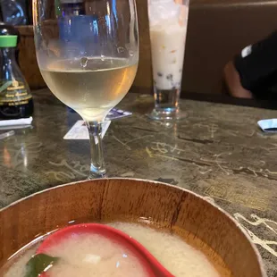 Miso Soup, moscato, peach bubble tea