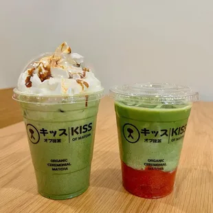 Matcha with whipped cream, matcha with strawberry puree