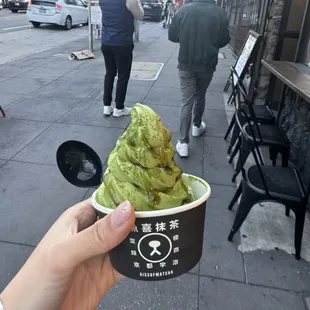 Matcha soft serve in a cup