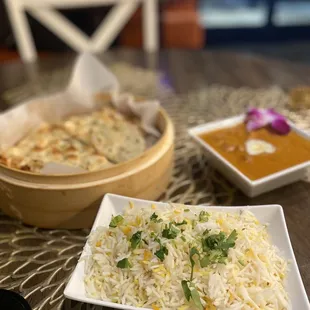 Butter Chicken, Garlic Naan &amp; rice.