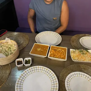 Rice, Garlic Chilli Naan, Butter Chicken, Chicken Tikka Masala