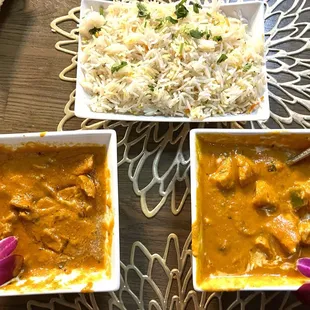 Butter Chicken, Chicken Tikka Masala and rice