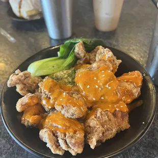 Chicken karaage rice bowl. Great spice/heat, crunch, and layers of flavor.