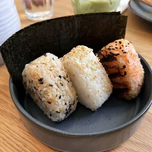 Kabocha (Japanese pumpkin/winter squash) curry, crab with avocado and cucumber, and cod roe onigiri