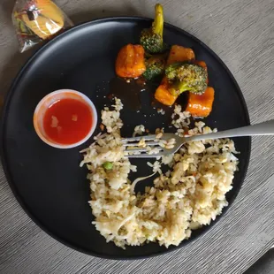 Fried rice. General tso&apos;s tofu. Sweet and sour sauce for spring rolls. All was delicious!