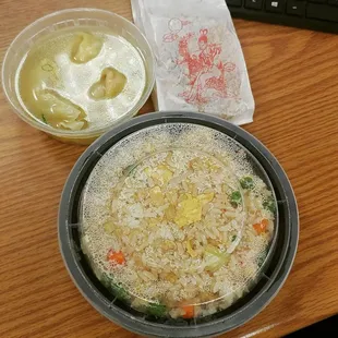 Shrimp fried rice wonton soup spring rolls