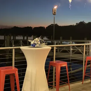 red stools and a white table