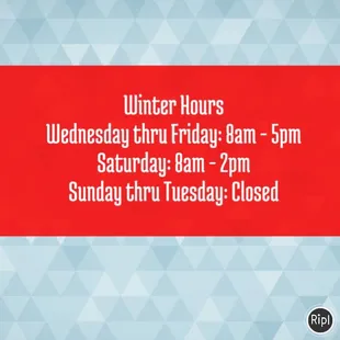 Open Year-Round!  Winter Hours effective January 1, 2018!