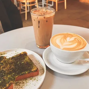 Strawberry Alarm clock, matcha brûlée toast &amp; iced vanilla latte