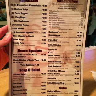 Current menu. Bar food was coming outa the kitchen by the trays.