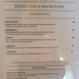Sandwich menu