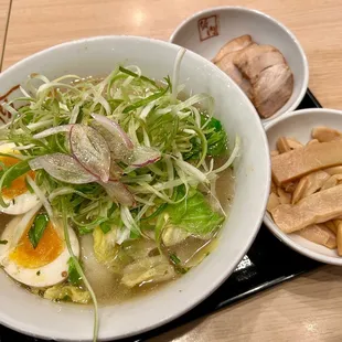 Green Chili Shio Ramen $12.75, Meat put on the side, Added the Seasoned Egg $1 &amp; Bamboo Shoot $1