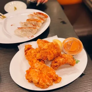 Pan fried gyoza / $5.85 + Juicy fried chicken / $6.95