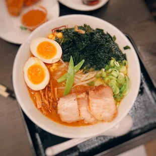 Aburi miso ramen / $12.75 (regular) + Seasoned egg / $1