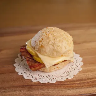  bacon, egg, and biscuit sandwich