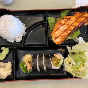 7/17/22 Combo Lunch - Salmon and tempura sushi; my daughter suggested that our guest try something new