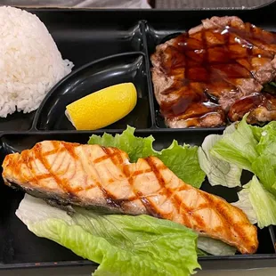 Grilled salmon and Beef Teriyaki Combo