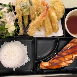 5/18/23 Lunch combo - salmon Teriyaki sauce Shrimp and Veggie Tempura