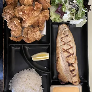 Combo lunch with chicken karage and shiyo-yaki saba (grilled mackerel)