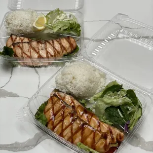 Front: Salmon Teriyaki Bento, Back: Salmon Shio Bento (Takeout)