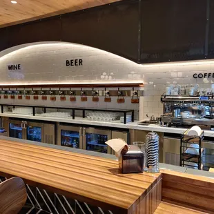 Wine and beer on tap. Coffee bar