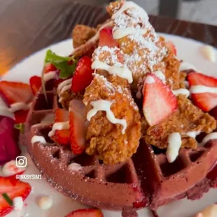 Red Velvet Waffles with our delicious fried chicken! Ends after Valentine&apos;s Day. #brunchdate